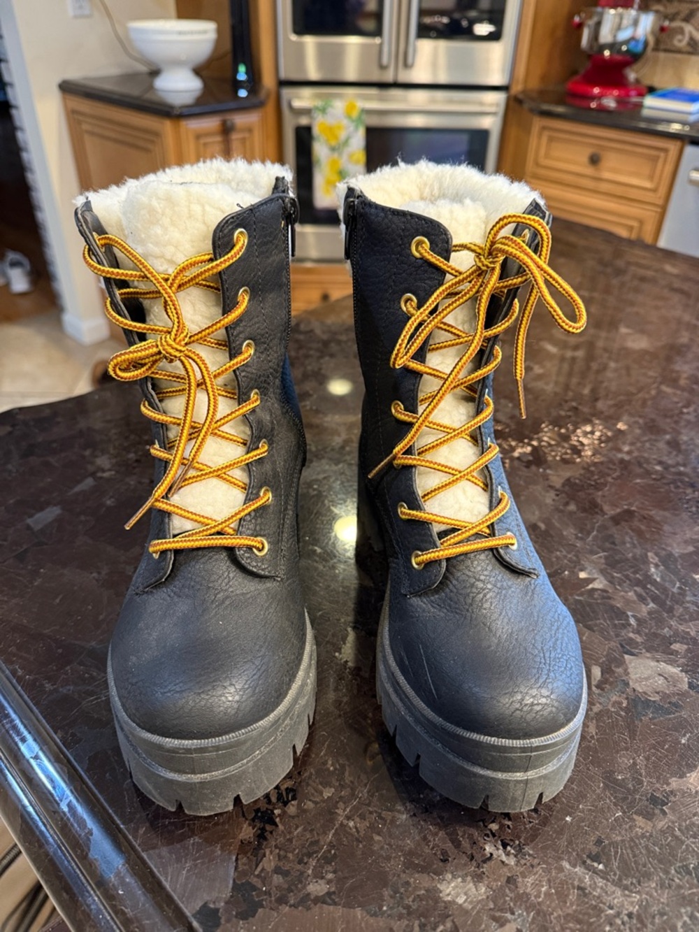 Juicy Couture Black Lace-Up Faux Fur Combat Boots with Gold Laces